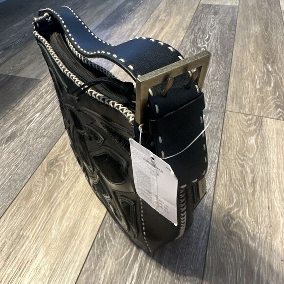 Antonio Melani Black Saffiano Leather Applique Rustic Shoulder Bag Calf Hair